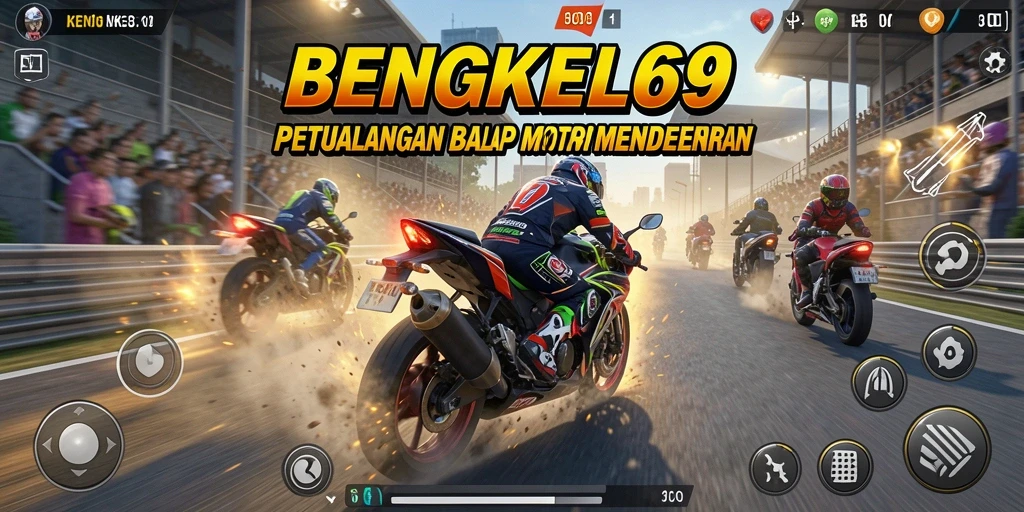 Screenshot gameplay BENGKEL69 menampilkan aksi balapan motor yang mendebarkan.