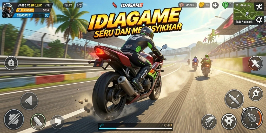 Screenshot gameplay IDAGAME menampilkan balapan motor yang mendebarkan.