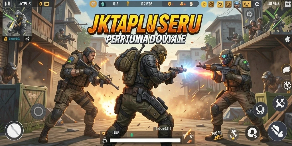 Screenshot gameplay intens dari JKTPLUS yang menggambarkan aksi Battle Royale.