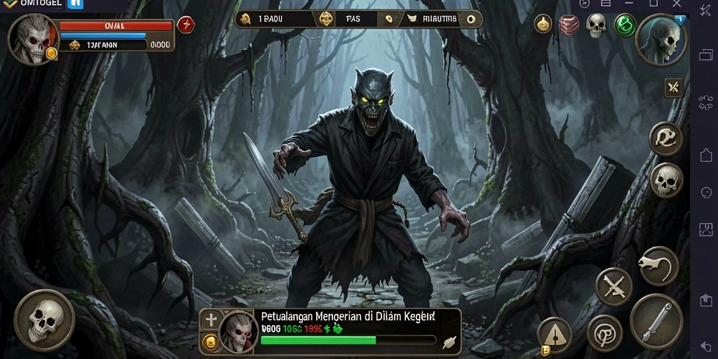 Tampilan gameplay seram dengan makhluk mengerikan yang mengintai.