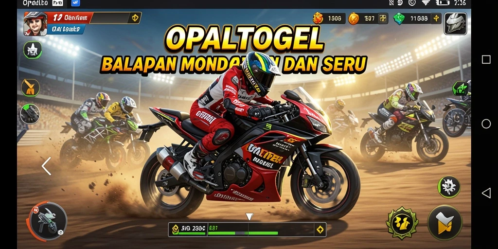 Tampilan mendebarkan dari gameplay balapan motor dalam OPALTOGEL.