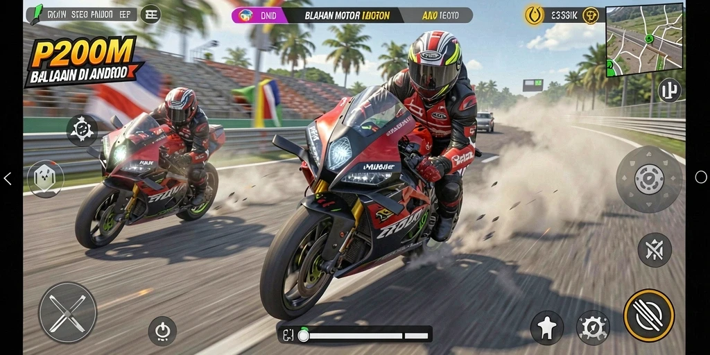 Screenshot gameplay P200M menampilkan balapan motor yang intens dan menegangkan.