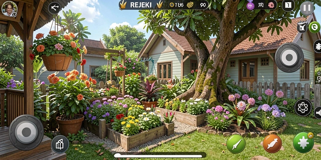 Tampilan gameplay menawan dari REJEKI yang menampilkan kebun yang subur.