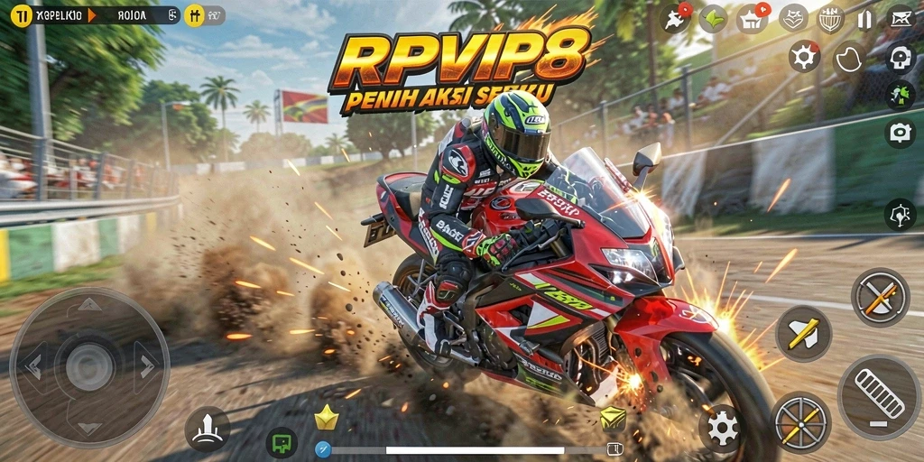 Gameplay RPVIP8 di lintasan balap motor yang mendebarkan.
