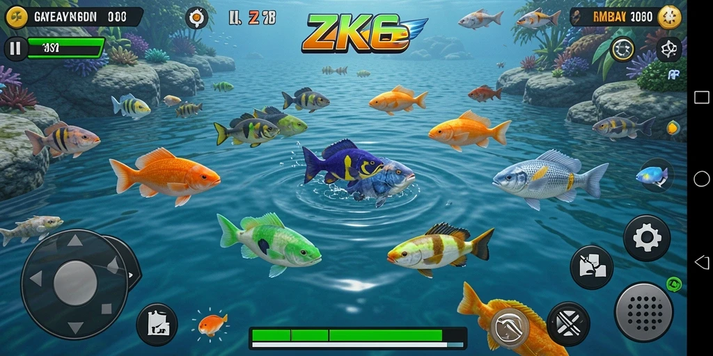 Tampilan gameplay seru dari ZK6 dengan ikan berwarna-warni.
